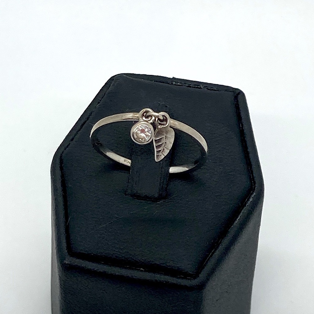 Sterling Silver 925 Leaf & Bezel Set Cz Dangle Charms Stacker Ring Co. | Sz 8.5